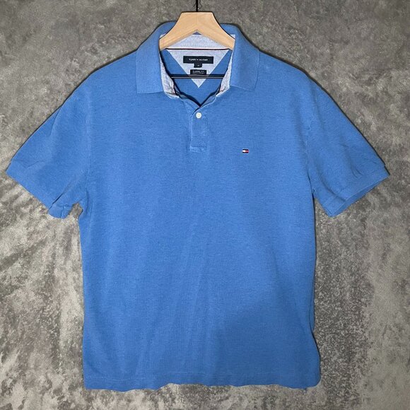 Tommy Hilfiger Blue Polo Shirt Mens Large 100% Cotton Collared Flag Logo - Picture 1 of 6